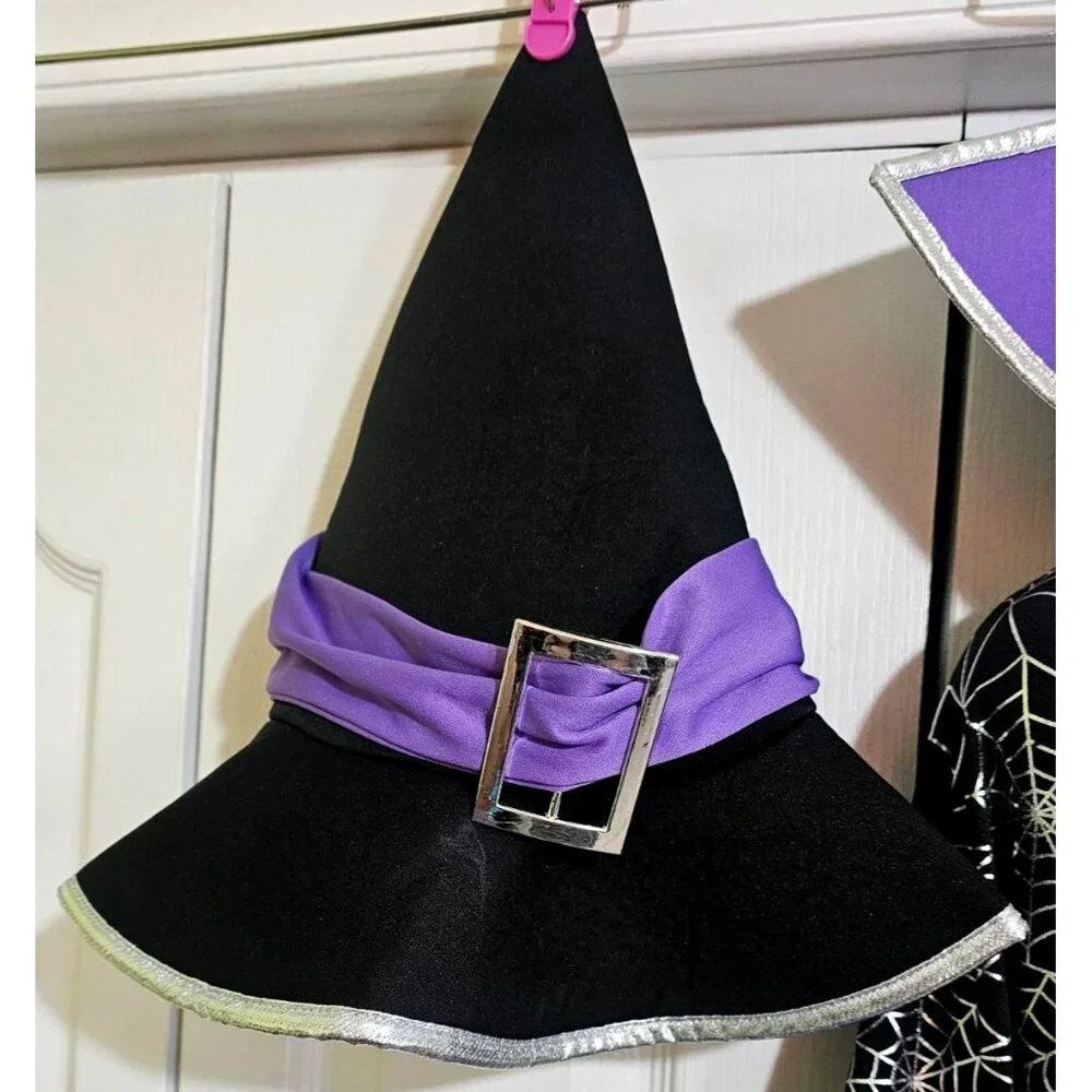 Purple Spiderweb Witch Costume Girls 10-12 Silver Black Dress Hat Halloween Glow